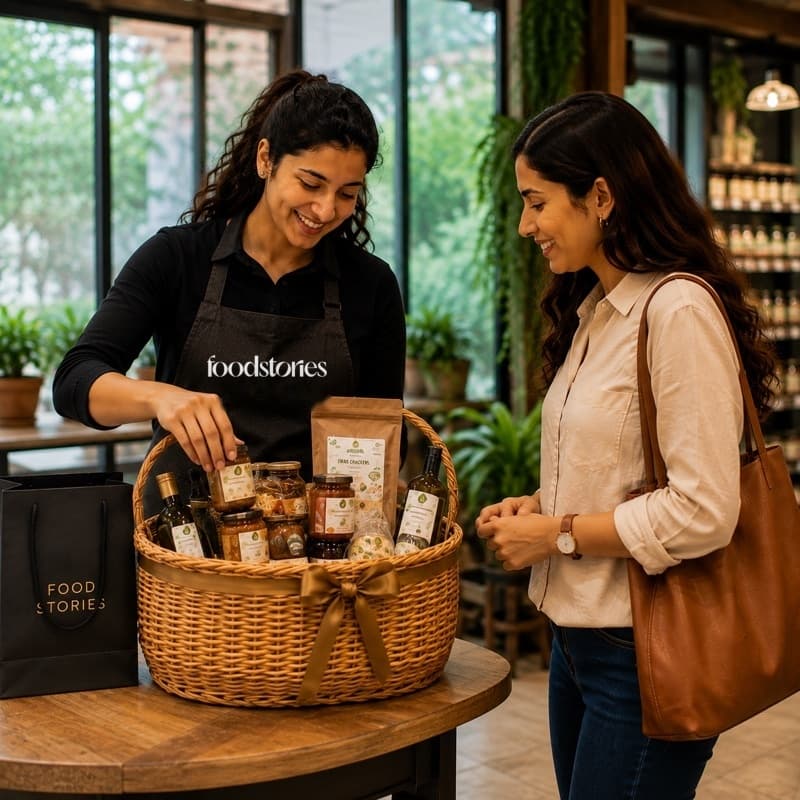 Personal shopper presenting a curated gourmet gift basket filled with specialty foods to a customer in a bright grocery store.