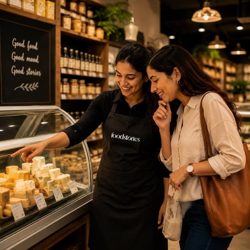 Personal shopper guiding a customer through a selection of artisan cheeses at a specialty grocery store.