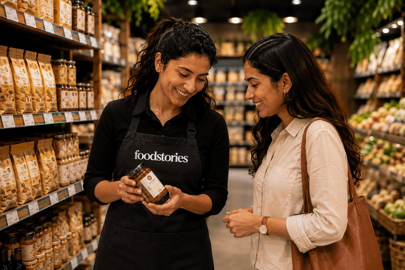 A Foodstories personal shopper showing a jar to a customer in store